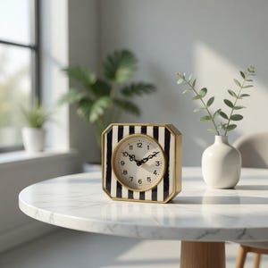 Modern Black and White Striped Desk Clock - 5" Square Gold Rimmed Table Clock