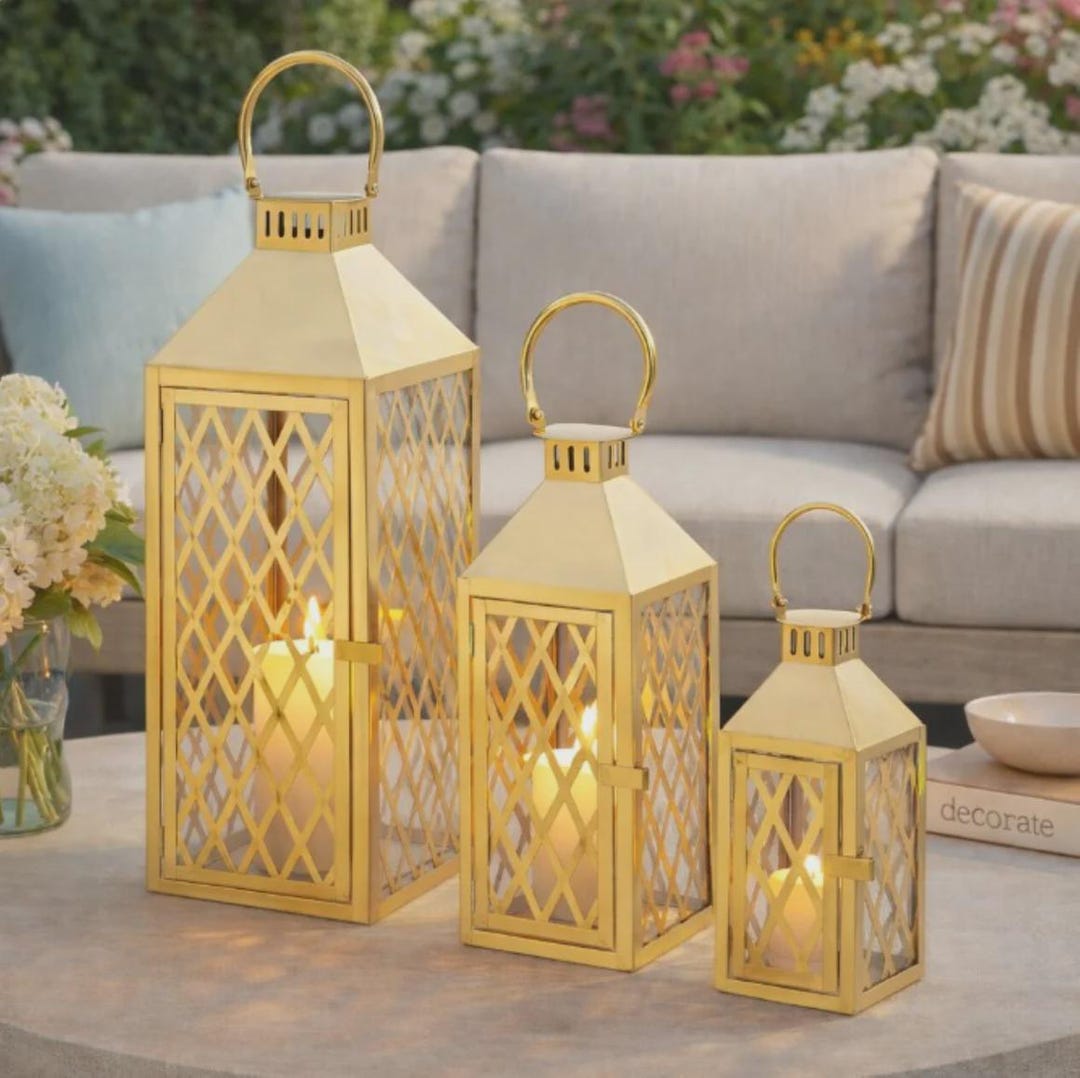 Set of 3 Gold Iron Lattice Lanterns – Pyramid Silhouette Candle Holders ...