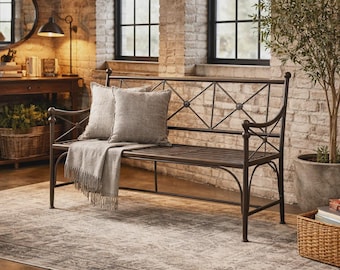 55" Iron Garden Bench - Decorative Indoor/Outdoor Metal Bench for Patio, Sunroom & Foyer
