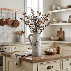 May include: A tall, weathered white ceramic pitcher with a distressed finish holds a dried floral arrangement featuring fluffy white cotton bolls, green eucalyptus leaves, purple lavender sprigs, and brown poppy seed pods on a wooden kitchen island.