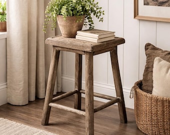 Rustic Weathered Wood Accent Stool 18.5"H - Handcrafted Farmhouse Plant Stand or Extra Seating