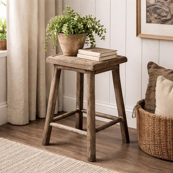 Taburete auxiliar rústico de madera envejecida de 47 cm de alto - Soporte para plantas de estilo rústico hecho a mano o asiento adicional.