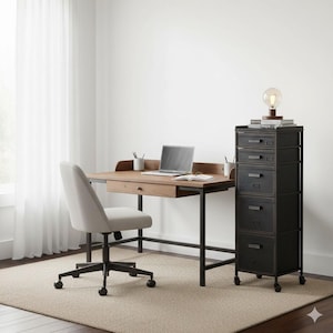 May include: A home office setup featuring a wooden desk with a black metal frame, a gray office chair, and a tall black metal file cabinet. A laptop, books, and a desk lamp are on the desk. The room has a neutral color palette.