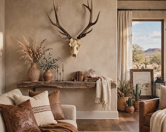 May include: A wall-mounted deer skull with large antlers positioned above a rustic wooden floating shelf. The shelf holds a woven vase with dried grasses, a ceramic pot with greenery, brass candlesticks, books, and a crystal.