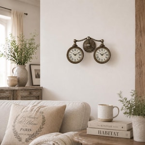 May include: A wall-mounted clock with two round faces. The clock has a bronze finish with Roman numerals on a white background. The clock is connected by a curved metal bar. The image also shows a sofa, pillow, and decorative items.