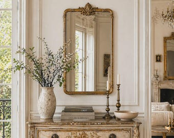 39" Antique Style Ornate Crested Mirror – French Entryway, Bedroom Decor