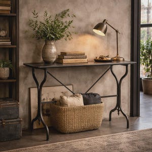 May include: A black metal console table with a woven basket, books, and a lamp. The table has a dark top and curved legs. A vase with greenery and a small plate are on the table. A framed picture and pillows are in the basket.