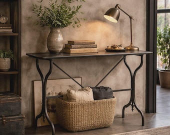 Industrial Iron Console Table - 48" Slim Rectangular Entryway Table with Curved Legs