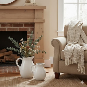 May include: Two white ceramic pitchers of different sizes sit on a woven rug. One pitcher holds a bouquet of dried flowers and greenery. A beige armchair with a fringed throw blanket is in the background. A fireplace and wooden mantel are also visible.