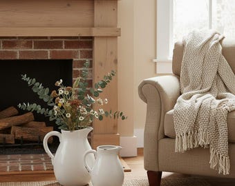 May include: Two white ceramic pitchers of different sizes sit on a woven rug. One pitcher holds a bouquet of dried flowers and greenery. A beige armchair with a fringed throw blanket is in the background. A fireplace and wooden mantel are also visible.