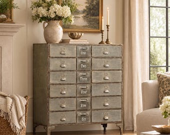 May include: A tall, rectangular metal cabinet with a distressed gray finish, featuring eighteen drawers arranged in six rows. The center column of drawers is labeled with the white printed words One, Two, Three, Four, Five, and Six.