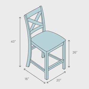 Puede incluir: Silla de bar azul claro con respaldo en forma de X. La silla mide 109 cm de alto, 66 cm de ancho, 41 cm de profundidad y 51 cm en la base. Tiene un asiento cuadrado y un reposapi&eacute;s.