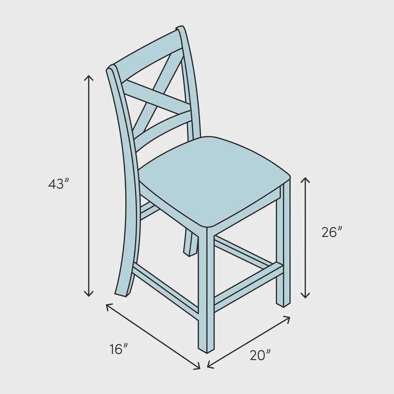 Puede incluir: Silla de bar azul claro con respaldo en forma de X. La silla mide 109 cm de alto, 66 cm de ancho, 41 cm de profundidad y 51 cm en la base. Tiene un asiento cuadrado y un reposapi&eacute;s.