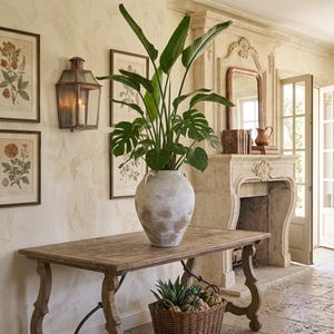 May include: A large green plant with broad leaves sits in a weathered, off-white ceramic urn with two side handles. The urn is placed on a rectangular wooden console table, which also holds a woven basket containing small green plants and gourds.