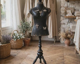 Soporte para maniquí negro de 87,3 cm de altura, torso de madera con base de trípode, decoración de boutique francesa.