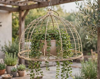 May include: A dome-shaped hanging wire cage planter with a distressed cream finish. Inside the metal frame sits a round ceramic pot containing a trailing green plant with small, rounded leaves. The planter is suspended by a metal chain.