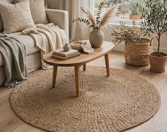 May include: A large, round, woven jute area rug with a natural tan texture, positioned on a light-colored wooden floor beneath an oval wooden coffee table, a beige sofa with textured pillows, and a potted olive tree in a woven basket.