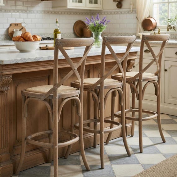 French Country Solid Oak Counter Stool – Cross Back, Rattan Seat (26" Height)