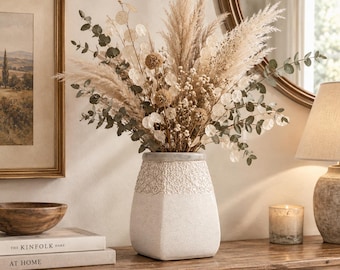 Ivory Crackle Glaze Pottery Vase, Embossed Floral Jar, French Country Decor