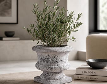 May include: A weathered, gray stone planter with a square base and ornate detailing, filled with green leafy plants. The planter sits on a neutral-toned surface, with books and a dark bowl in the background. The overall aesthetic is rustic and elegant.