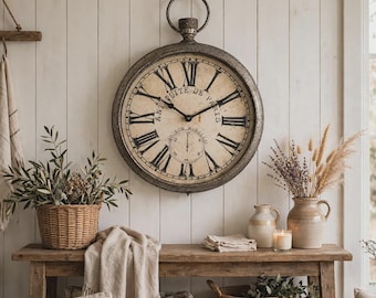 May include: A large, round, wall-mounted clock with a dark metal frame and a cream-colored face featuring black Roman numerals. The clock face displays the text "ANTIQUE DE PARIS" and "28 RUE MURILLO" with black hands and a small sub-dial.