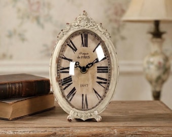 Vintage Antique Off-White Iron Desk Clock - 7.5" Oval Tabletop Clock with Roman Numerals