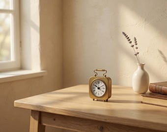 May include: A small, gold-colored vintage alarm clock with a white face and black numerals sits on a wooden table. A small white vase with lavender and a leather-bound book are also on the table. The scene is lit by natural light.