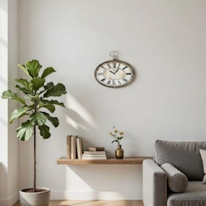 Vintage Oval Wall Clock – Rustic Distressed Roman Numeral Clock, French Country Farmhouse Decor