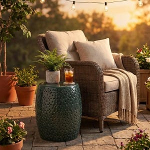 Ceramic Garden Stool - Floral Cutout Outdoor Side Table - 17.5" Weather Resistant Patio Plant Stand