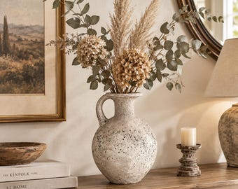 Distressed Gray Terracotta Vase with Handle, Rustic Mediterranean Decor