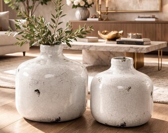 Large White Ceramic Floor Vase - Modern Farmhouse Tall Entryway Vase with Distressed Finish
