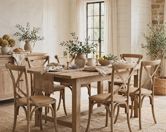 May include: A light brown wooden dining table set featuring a rectangular table with a natural wood grain finish, surrounded by six chairs with cross-back designs and woven seats, arranged on a textured beige area rug in a bright room.