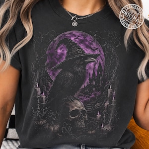 Raven Witch Halloween Shirt PNG, Vintage Halloween Distressed Shirt Design, Skull Purple Moon PNG, Gothic Halloween Sublimation Download PNG