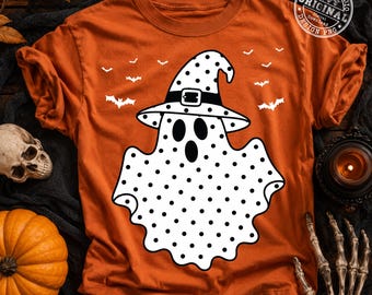 Gepunkteter Geist (PNG), Trendiger Halloween-Geist (PNG), Niedlicher Hexenhut-Geist (PNG), Gruselige Fledermäuse (Sublimationsdesign), Verspieltes Halloween-Shirt (PNG)