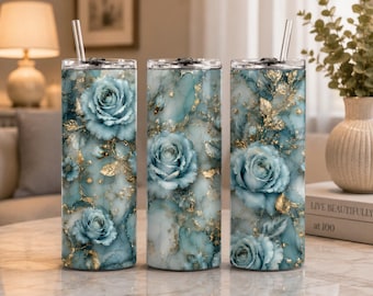 Diseño PNG de envoltura para vaso con rosas azules, diseño floral de mármol dorado por sublimación (descarga digital)