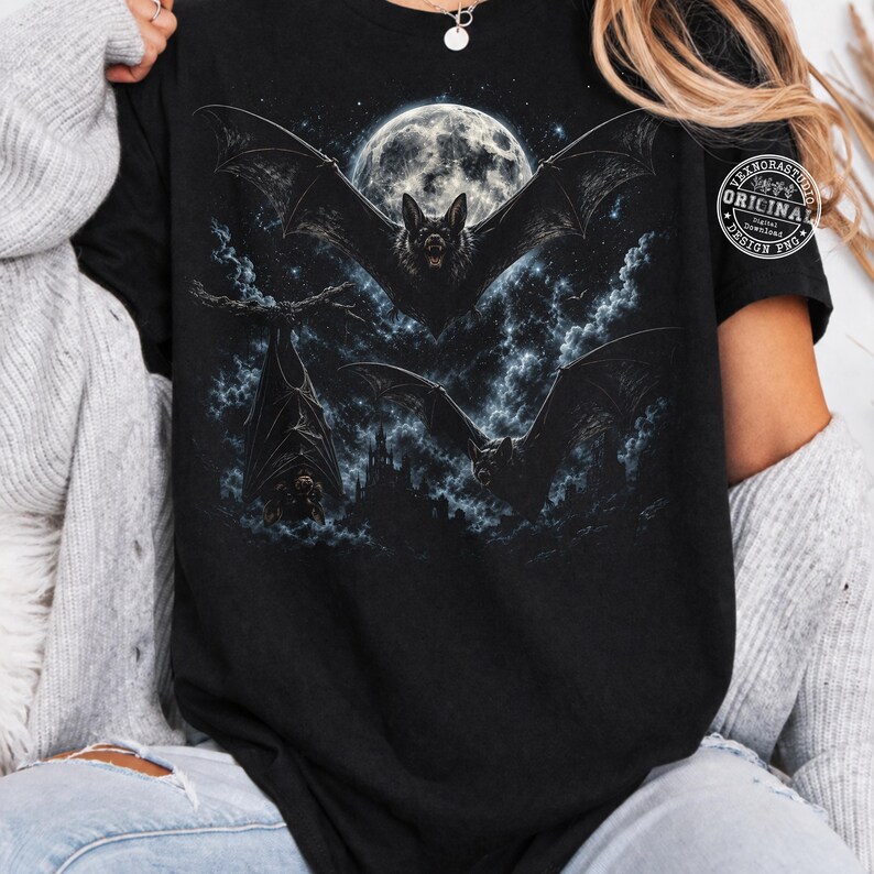 Vintage Halloween Bat PNG, Gothic Bat Shirt Design, Trendy Sublimation PNG, Moonlight Bat Clipart, Spooky Nature Art, Digital Download image 2