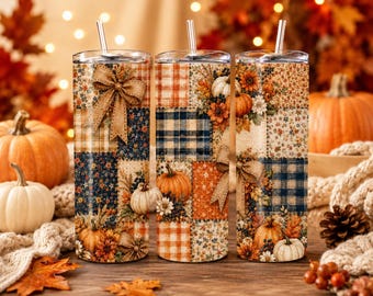 Fall Patchwork Pumpkin Tumbler Wrap, Autumn Floral Plaid Sublimation Design (PNG)