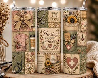 Patchwork Nurse Life Tumbler Wrap PNG, 20oz Skinny Tumbler Sublimation, Floral Nursing Digital Download