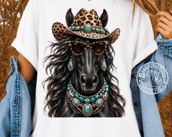 Glam Horse PNG, Bling Horse PNG, Leopard Print Horse, Boujee Cowgirl PNG, Western Horse Design, Horse Lover Gift, Animal Print Shirt Png