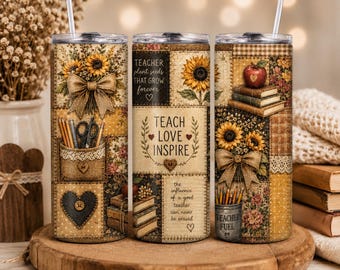 Patchwork Lehrer Tumbler Wrap PNG, 20oz Skinny Tumbler Sublimation, Teach Love Inspire Digitaler Download