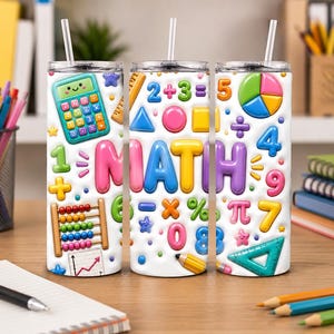 May include: Three white insulated tumblers with colorful math-themed designs. Each tumbler features a different arrangement of numbers, symbols, and the word "MATH" in bold, 3D lettering. Includes a calculator, abacus, and a pie chart.