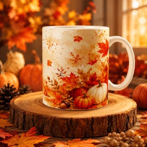 May include: A white ceramic mug featuring a watercolor-style print of autumn foliage, including vibrant red and orange maple leaves, small pumpkins, and an acorn. The design wraps around the mug, showcasing a seasonal harvest theme with warm colors.