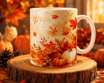 Watercolor Autumn Pumpkin Mug Wrap PNG, Fall Leaves Mug Sublimation Design, 11oz & 15oz Coffee Mug Wrap, Thanksgiving Mug Design PNG
