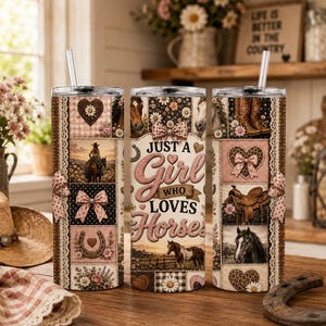 May include: A set of three stainless steel tumblers with lids and straws. The tumblers feature a patchwork design with a horse theme, including images of horses, cowboy boots, and the text "Just a Girl Who Loves Horses."