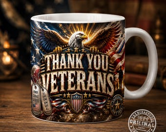 Thank You Veterans Mug PNG, Veteran Appreciation Coffee Mug 11oz & 15oz Design, Patriotic Eagle American Flag Mug Graphic, Digital Download