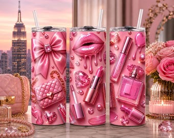Pink Glam Tumbler Wrap PNG, Girly Lips Makeup Design, 20oz Skinny Tumbler (Digital Download)