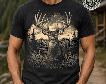 Vintage Whitetail Deer Hunting PNG, Buck Deer Mountain Landscape, Hunting Dad Gift, Rustic Wildlife Shirt Design, Digital Download