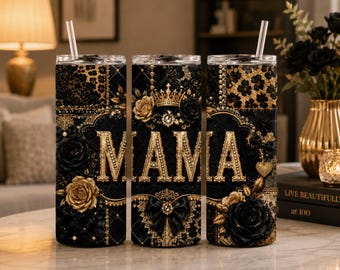 Diseño PNG de envoltura para vaso con estampado de leopardo y motivos florales en negro y dorado (descarga digital).