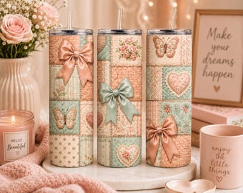 Coquette Bow Tumbler Wrap PNG, Pastel Patchwork Butterfly Floral Sublimation Design