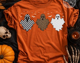 Trio-Geist (PNG), Trendiger Halloween-Geist (PNG), Schachbrett-Geist, Leoparden-Geist, Gepunkteter Geist, Gruseliges T-Shirt-Design, Koketter Halloween-Geist (PNG)